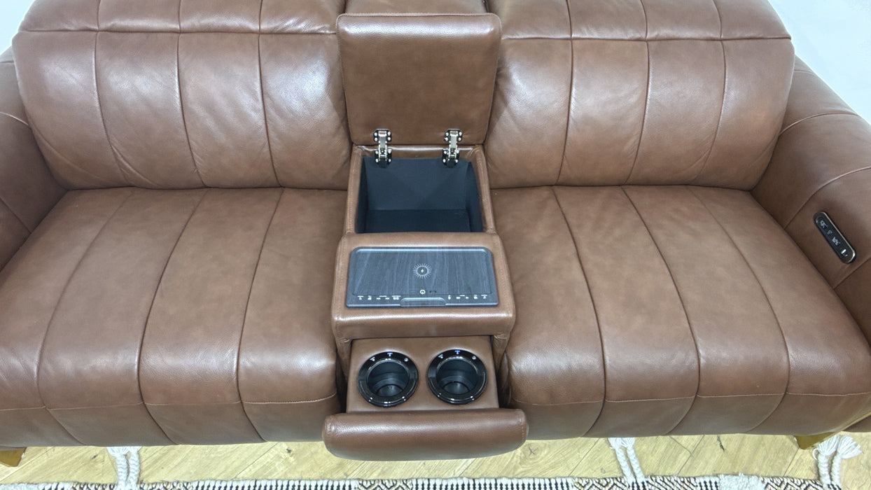 Sofology Paramount 2.5 Leather Sofa Power Recliner, Power Hdrst and Speakers + Console in Embossed Leather Chestnut