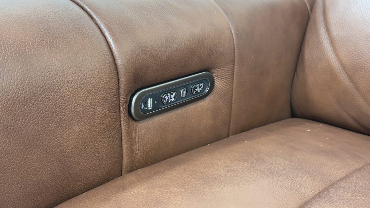 Sofology Paramount 2.5 Leather Sofa Power Recliner, Power Hdrst and Speakers + Console in Embossed Leather Chestnut