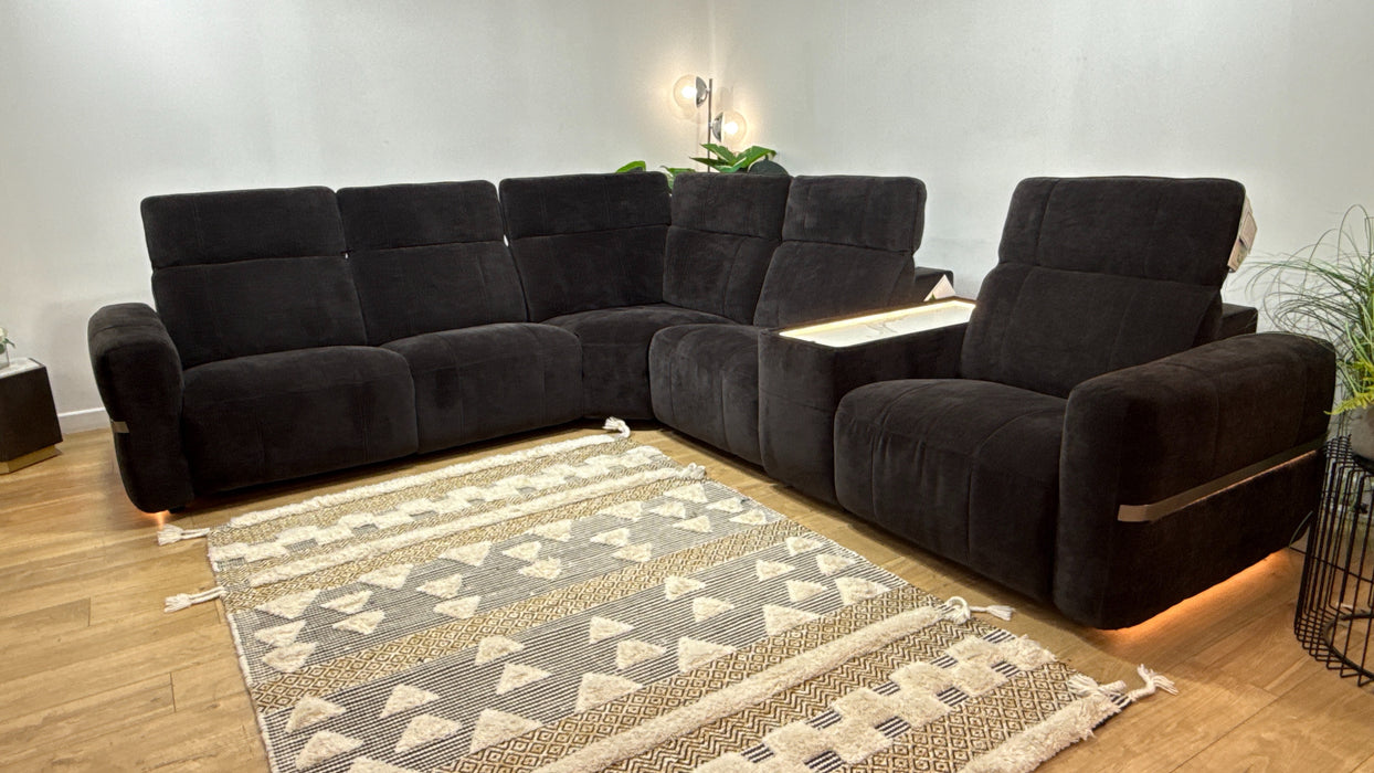Sofology Lumiere Fabric 3 Corner 3 Console Power Recliner/Headrest Heated Seats in Relaxed Chenille Raisinric