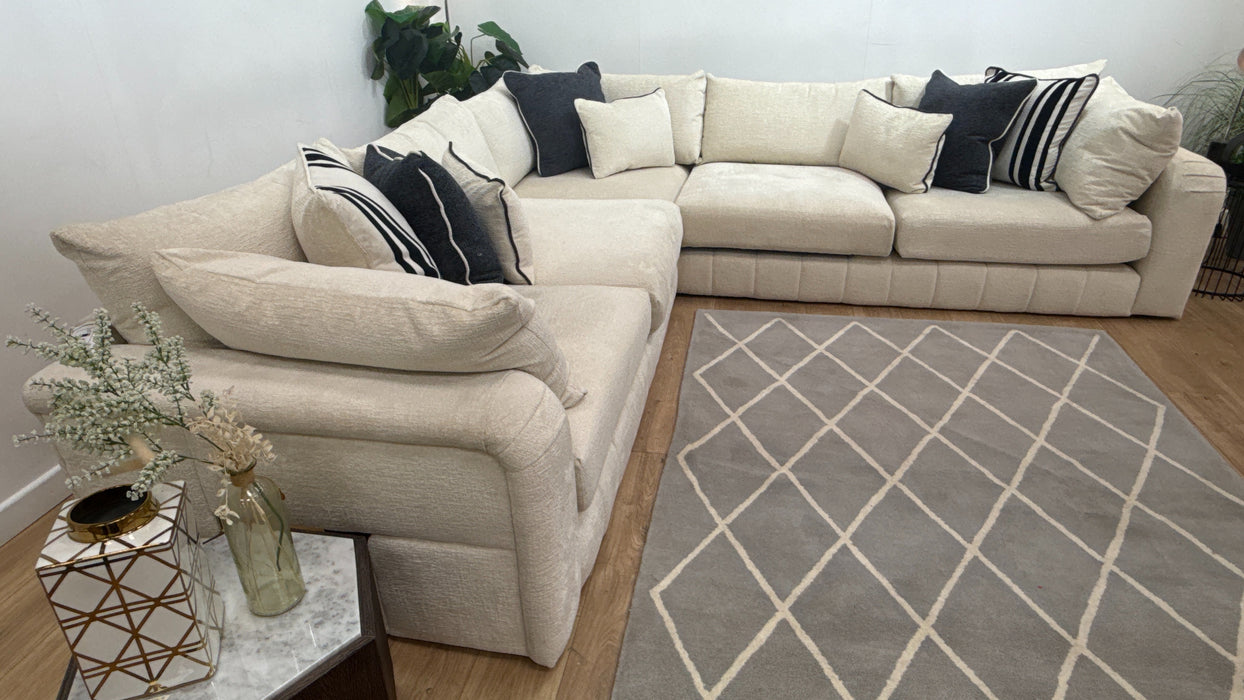 Sofology Westwood Fabric 3 Corner 3 Gold Trim in Teddy Chenille Ivory Mix