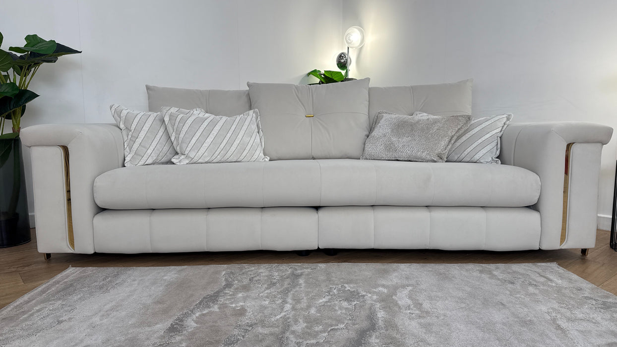 Sofology The Oscar Fabric 4 Seater Split Gold Trim in Super Matt Velvet Ecru Mix