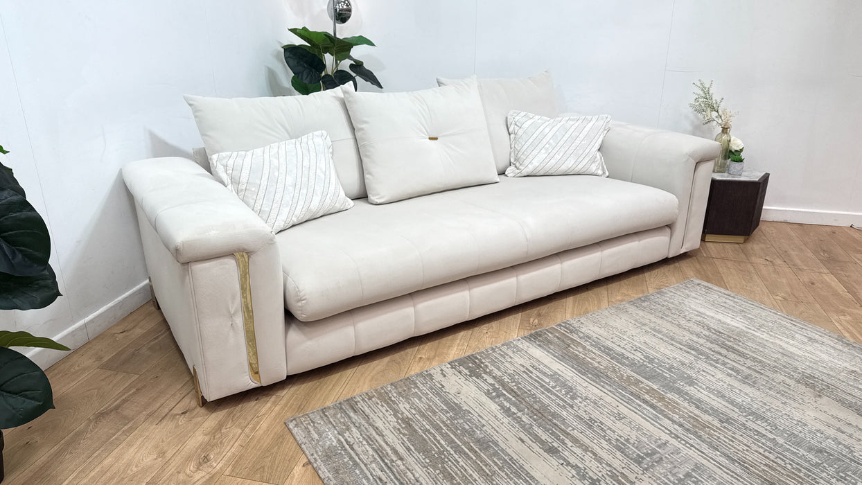 Sofology Oscar Fabric 4 Seater Gold Trim in Super Matt Velvet Ecru Mix