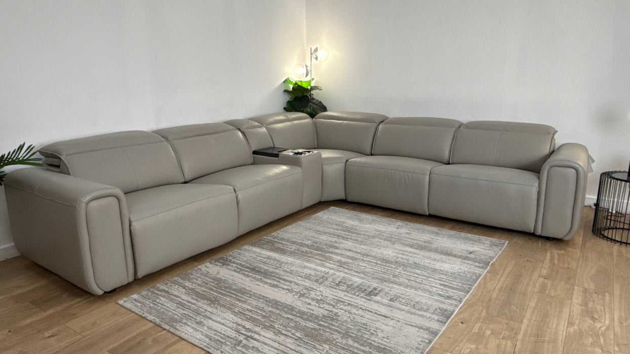 Sofology Premiere Leather 3 Corner Smart Console 3 Power Recliner/Headrest in Trusty Embossed Light Grey