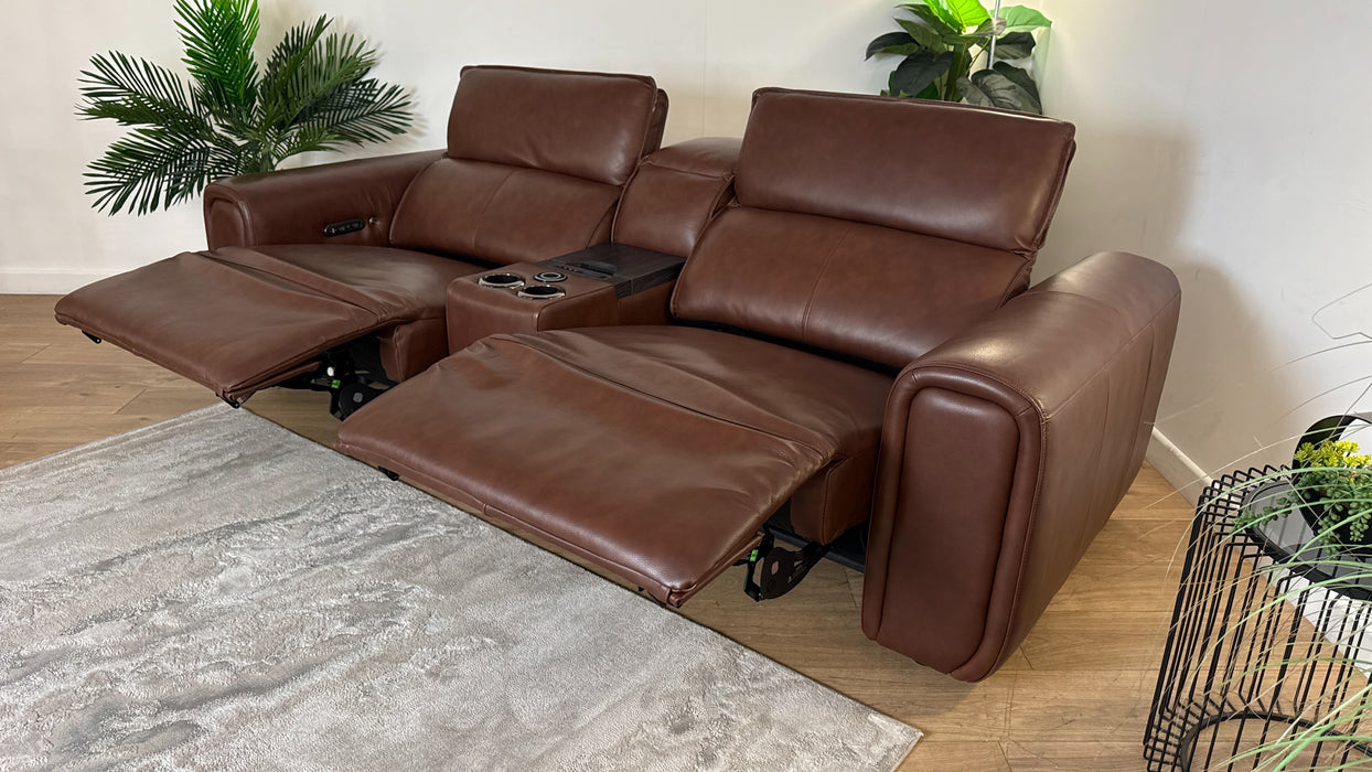Sofology The Premiere 2.5 Seater Recliner Sofa Console in Trusty Embossed Leather Chestnut