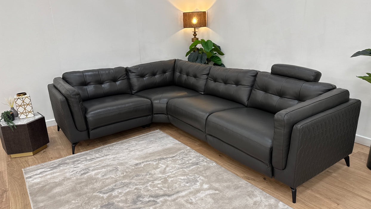 Sofology The Muse 1.5 Corner 3 Fabric Recliner Sofa in Trusty Embossed Leather Charcoal