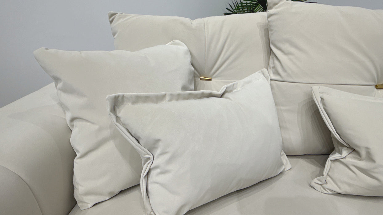 Sofology Oscar Fabric 4 Seater Gold Trim in Super Matt Velvet Ecru