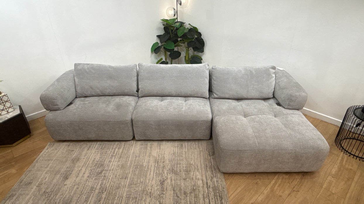 Sofology Fabric Flex 4 Seater Chaise Large Full Back Power Motion Back in Heavy Textured Chenille Light Grey