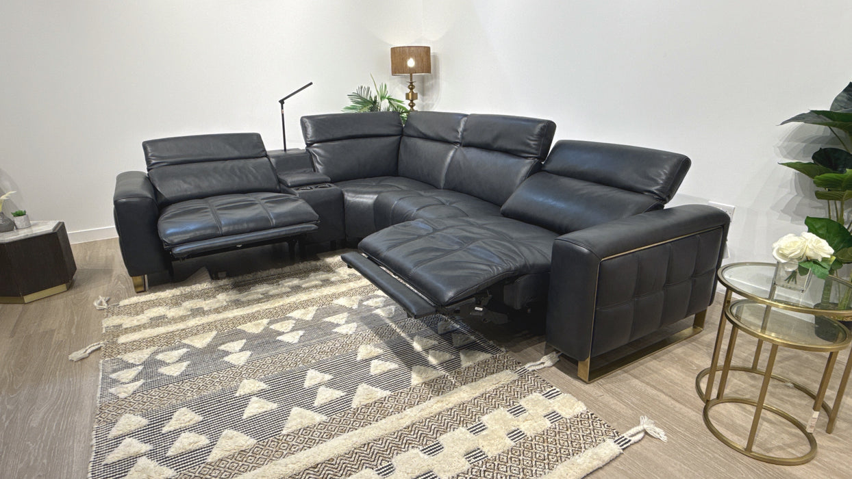 Sofology Marvella 1.5 Corner 3 Console Power Recliner Leather Sofa in Navy