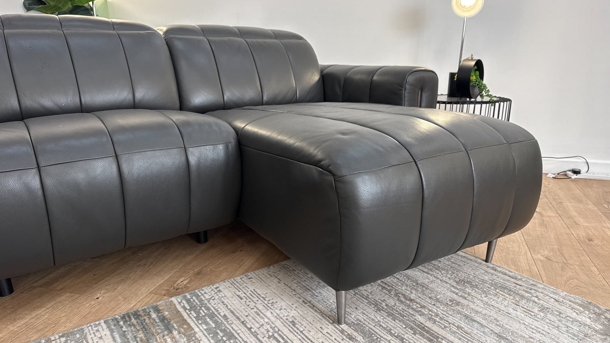 Sofology The Paramount Leather 4 Seater Chaise Power Recliner/Headrest Speakers in Trusty Embossed Charcoal