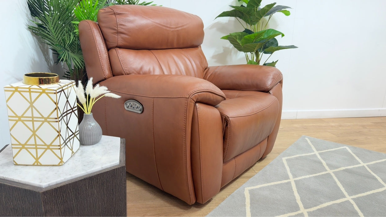 Sofology Radley Leather Chair Power Recliner/Headrest in Metz Caramel