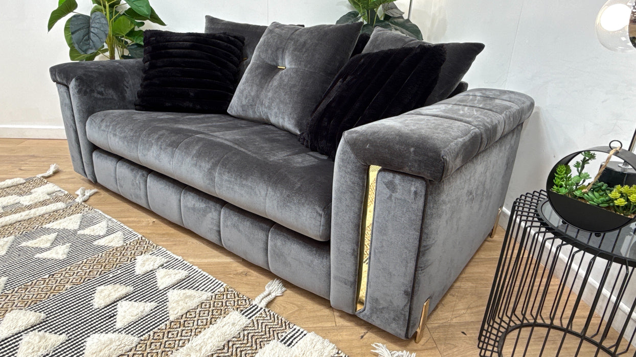 Sofology Oscar Fabric 2 Seater Gold Trim in Fine Textured Chenille Charcoal Mix