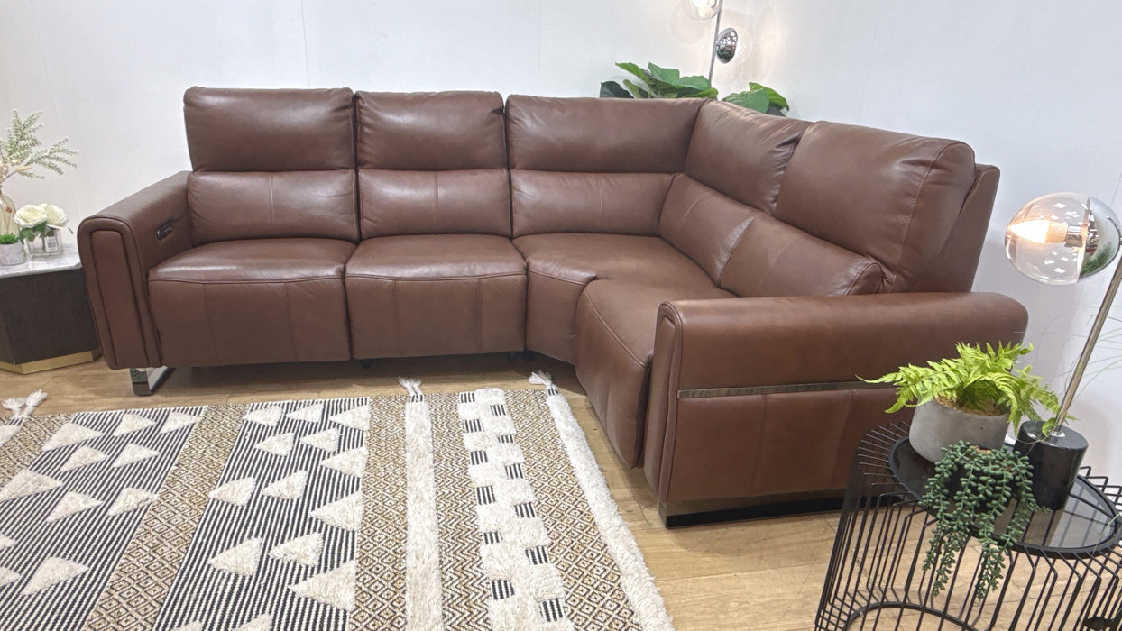 Sofology Ravello Leather 2 Corner 1 Power Recliner/Headrest Lumbar Support in Trusty Embossed Chestnut