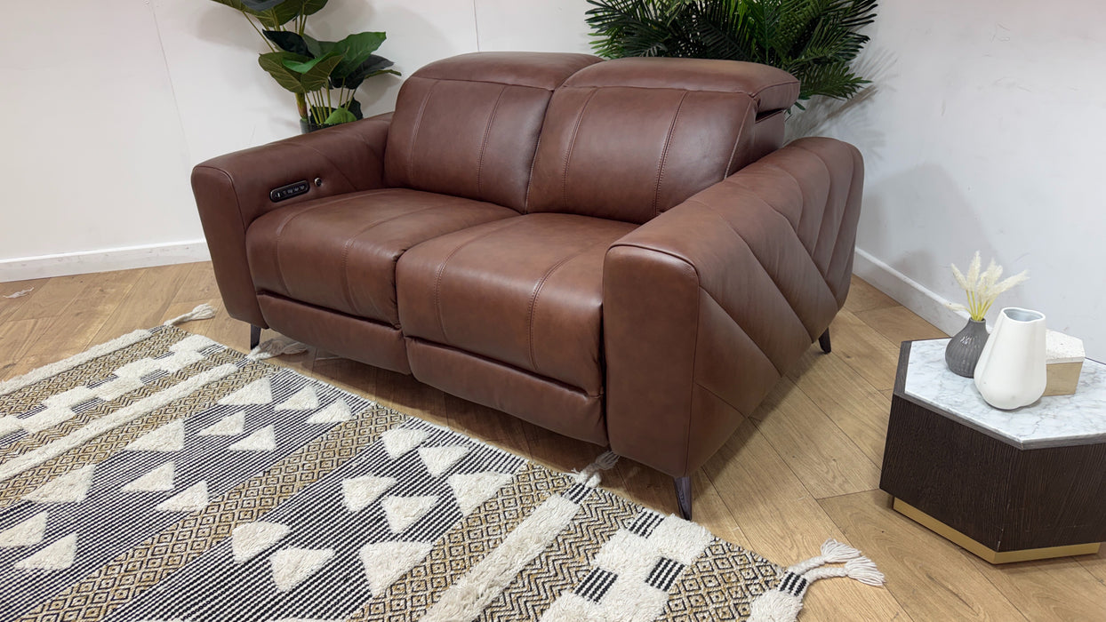 Sofology Allure Fabric 2 Seater Power Recliner/Headrest Heated Seats Lumbar Support Speakers in Trusty Embossed Chestnut