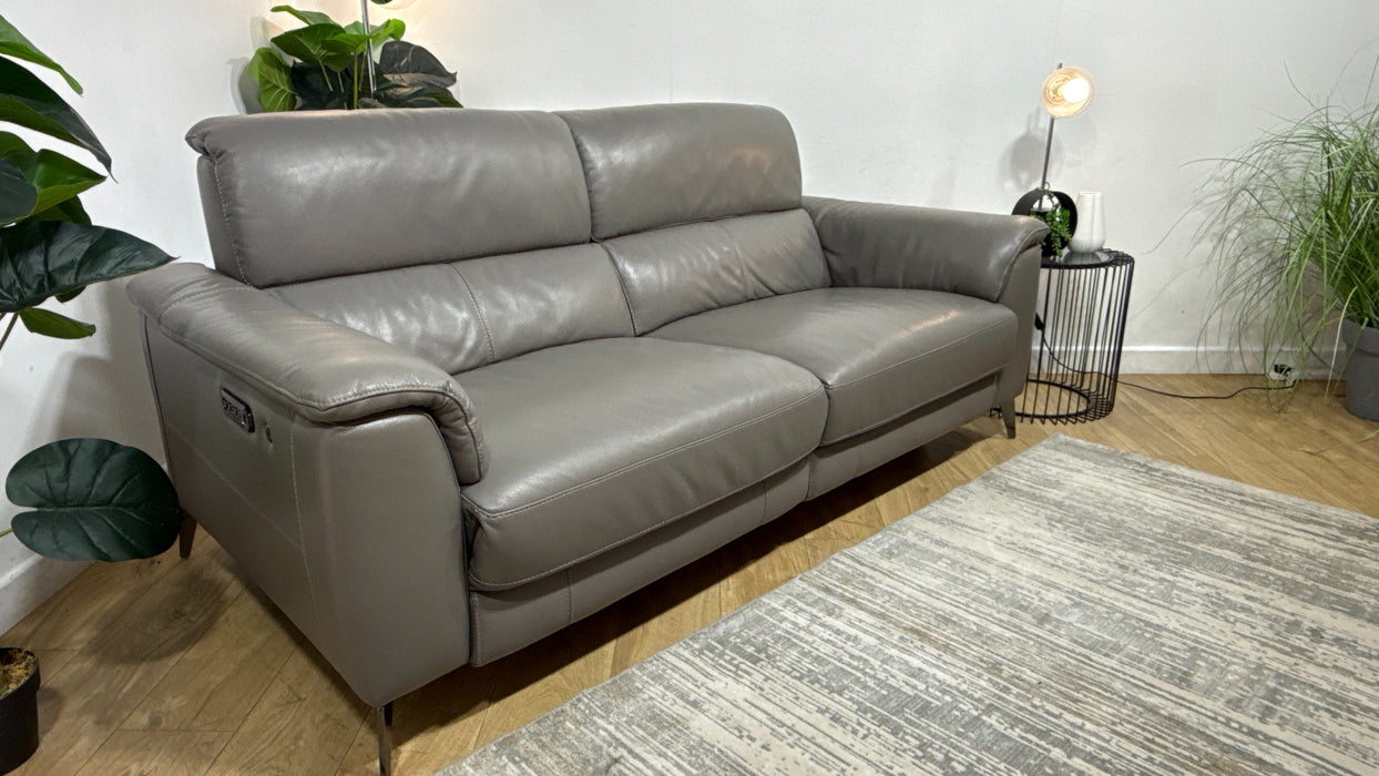 Sofology Illinois Leather 3 Seater Power Recliner/Headrest Heated Seats in Trusty Soft Sheen Fossil Grey