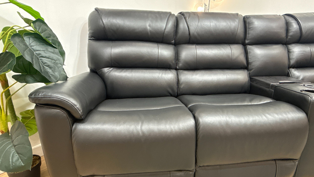 Sofology Cleveland 4 Seater Leather Power Recliner, Heated Seats, Lumbar + Console in Trusty Embossed Jet Black