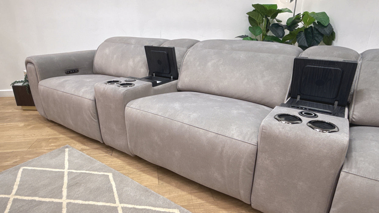 Sofology Premiere Fabric 3 Seater Cinema Sofa Consoles Power Recliner/Headrest x 3 in Lifestyle Flecked Stone