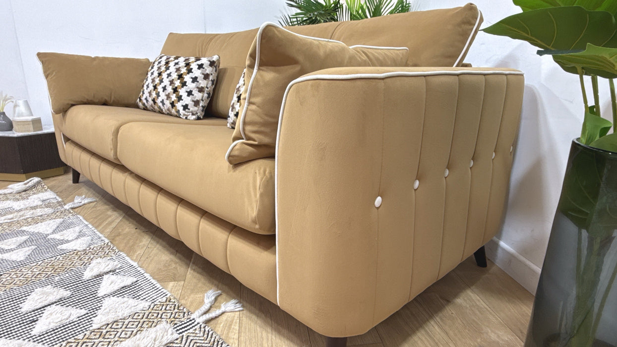 Sofology Remy Fabric 4 Seater in Super Matt Velvet Caramel Mix With Natural Contrast Piping