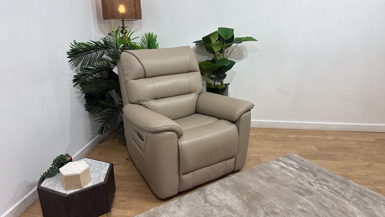 Sofology Cleveland Leather Chair Power Recliner/Headrest Heated Seat Lumbar in Trusty Embossed Stone