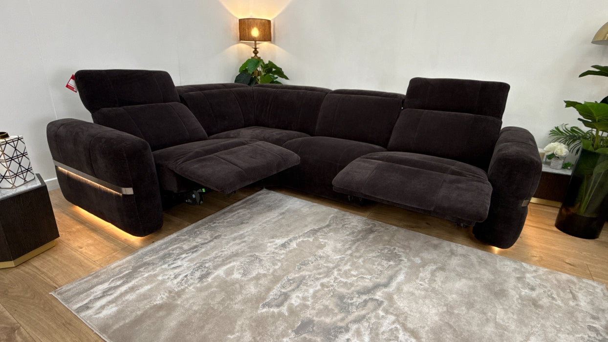 Sofology Lumiere Fabric 1.5 Corner 3 Power Recliner/Headrest Gunmetal Trim in Relaxed Chenille Raisin