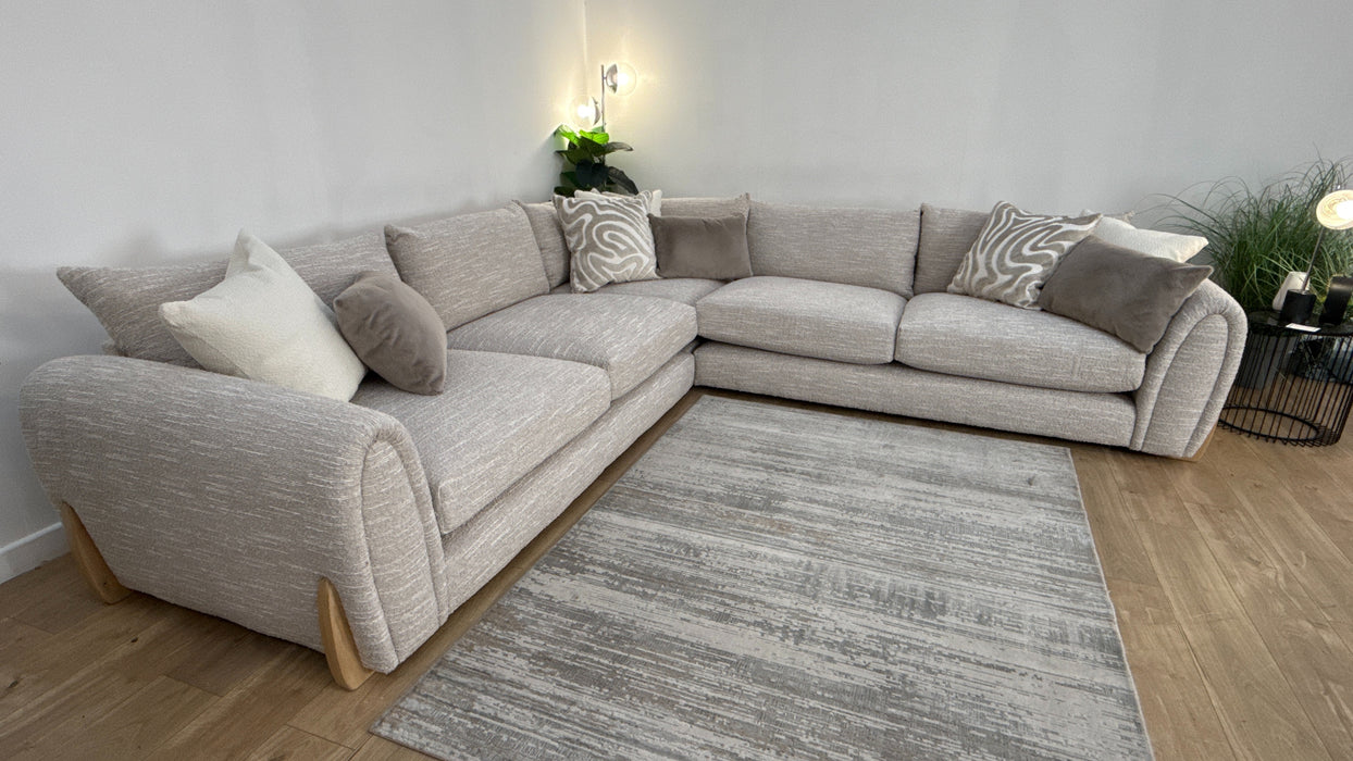 Sofology Marble Arch Fabric 3 Corner 1 Light Wood Trim in Chunky Flecked Boucle Stone/Ecru Mix