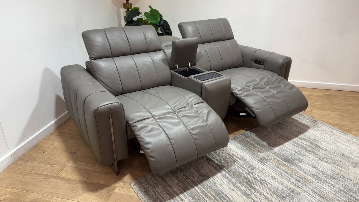 Sofology Paramount Leather 2.5 Seater Console Power Recliner/Headrest Speakers in Trusty Embossed Elephant