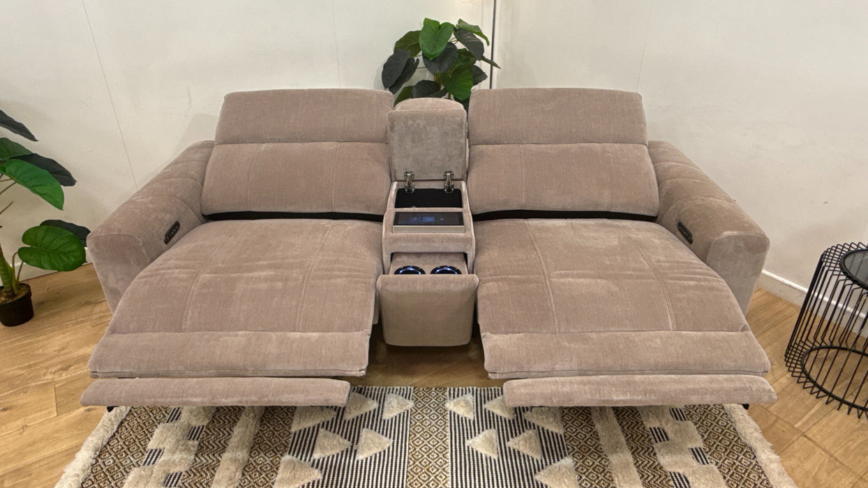 Sofology Allure Fabric 2.5 Seater Screen Console Power Recliner/Headrest Heated Seats Lumbar Support Speakers in Relaxed Chenille Nutmeg