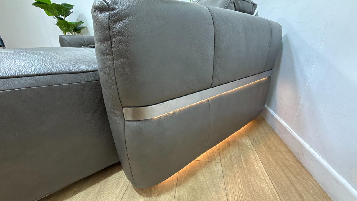 Sofology Lumiere Leather 4 Seater Chaise Power Recliner/Headrest Heated Seats Gunmetal Trim in Trusty Embossed Grey