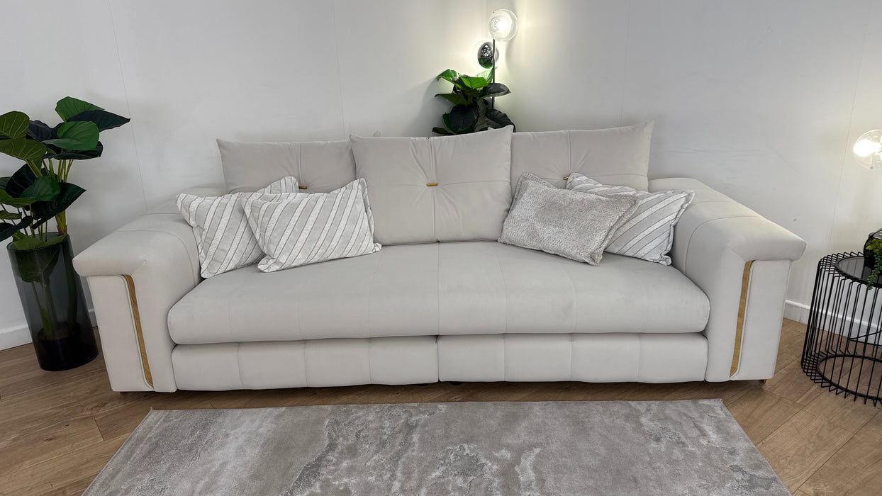 Sofology The Oscar Fabric 4 Seater Split Gold Trim in Super Matt Velvet Ecru Mix