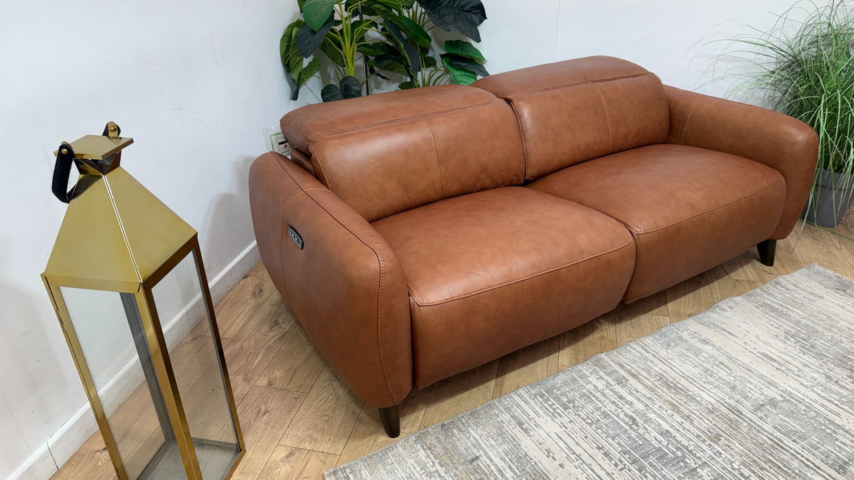 Sofology Larsen Fabric 3 Seater Asymmetrical Power Recliner/Headrest in Relaxed Soft Leather Tan