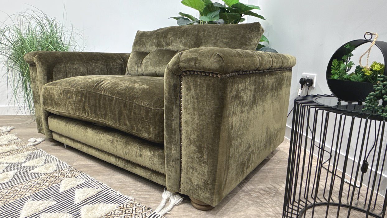 Sofology Regency Fabric Loveseat Foam Seat with Studs in Luxe Chenille Olive Mix