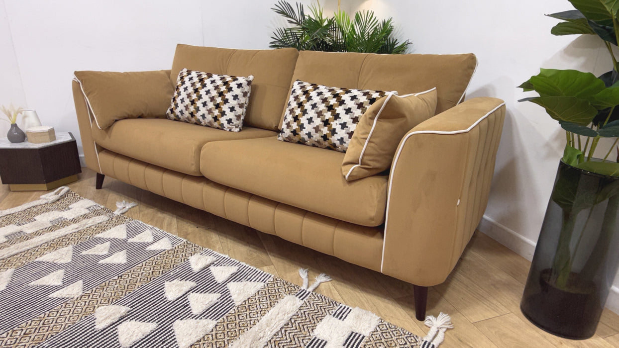 Sofology Remy Fabric 4 Seater in Super Matt Velvet Caramel Mix With Natural Contrast Piping
