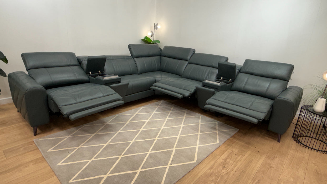 Sofology Allure Leather 3 Screen Console Corner Screen Console 3 Power Recliner/Headrest Heated Seats Lumbar Support Speakers in Trusty Embossed Peacock