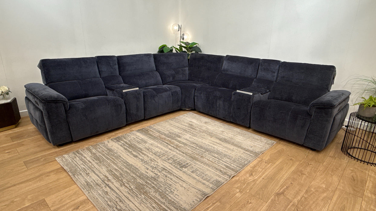 Sofology 3 Console Corner 3 Power Recliner/Headrest Heated Seats Lumbar Support in Montreal Denim