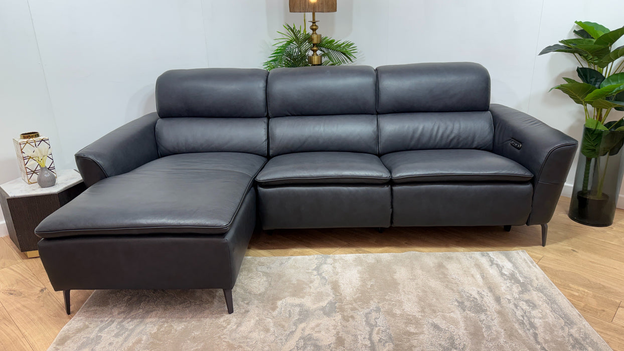 Sofology Viento Leather Chaise 3 Seater Power Recliner/Headrest Lumbar in Trusty Embossed Navy