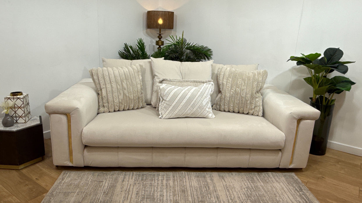 Sofology Oscar Fabric 3 Seater Gold Trim in Super Matt Velvet Ecru Mix