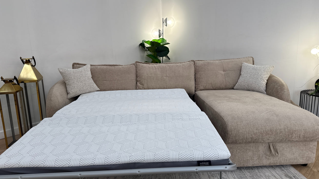 Sofology The Portobello Fabric 3 Seater Chaise Sofa Bed Foam Seats with Storage in Teddy Chenille Natural Mix