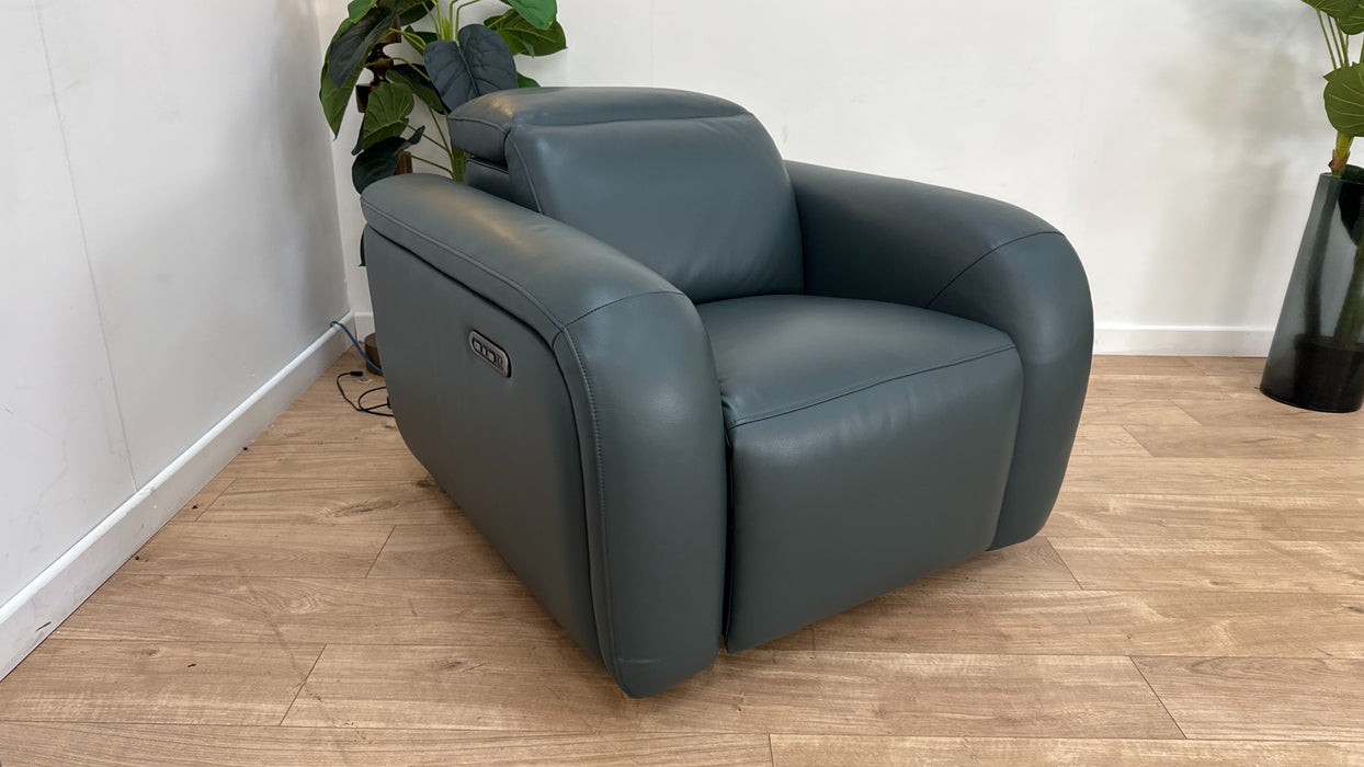 Sofology Drift Leather Chair Power Recliner/Headrest in Trusty Embossed Peacock
