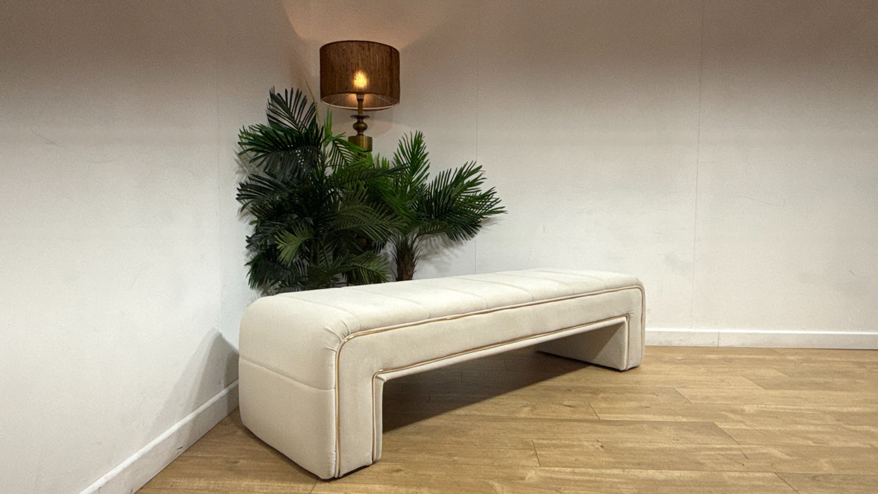 Sofology Oscar Fabric Large Bench Footstool Gold Trim in Super Matt Velvet Ecru
