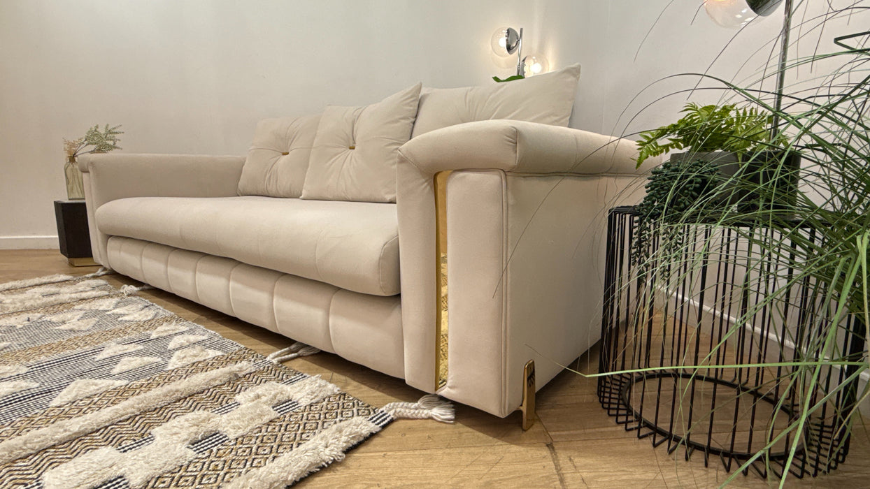 Sofology Oscar Fabric 4 Seater Gold Trim in Super Matt Velvet Ecru Mix