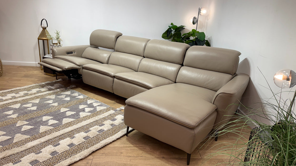 Sofology Viento Leather 4 Seater Chaise Console Power Recliner/Headrest Heated Seat Lumbar in Trusty Embossed Stone