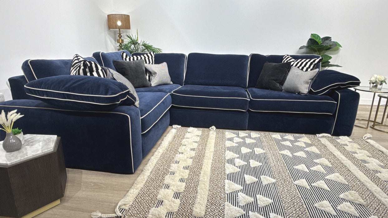 Sofology Atelier Fabric 3 Corner 1 Full Back in Soft Chenille Navy Mix With Pearl Contrast Piping
