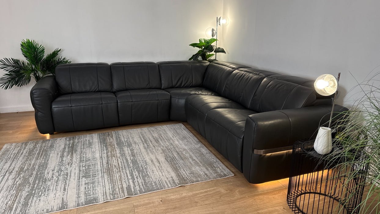 Sofology Lumiere Leather 3 Corner 3 Power Recliner/Headrest Heated Seat in Trusty Embossed Charcoal