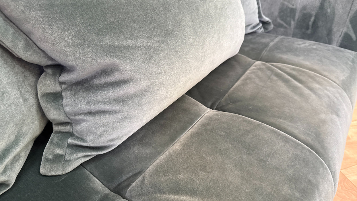 Sofology Midsummer Fabric Loveseat Gold Trim in Day Teal Mix