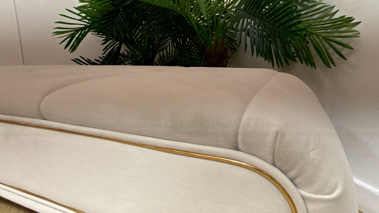 Sofology Oscar Fabric Small Bench Footstool Gold Trim in Super Matt Velvet Ecru