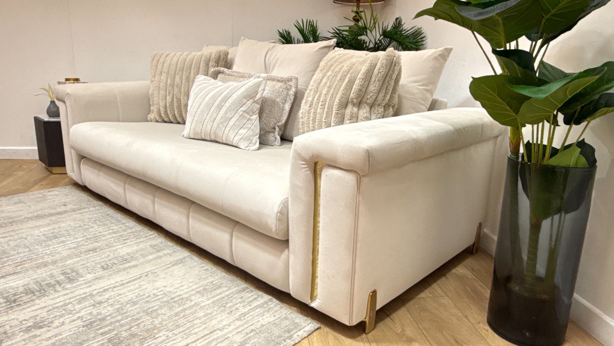 Sofology Oscar Fabric 3 Seater Gold Trim in Super Matt Velvet Ecru Mix