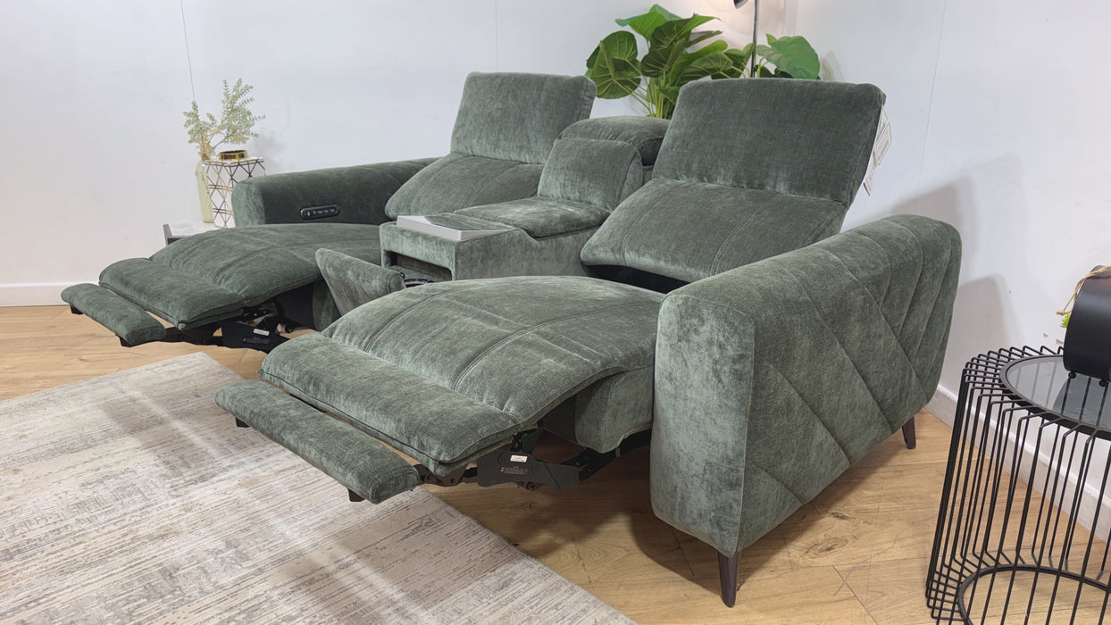 Sofology Alllure Fabric 2 Seater Screen Console Power Recliner/Headrest Heated Seats Lumbar Support Speakers in Relaxed Chenille Pine