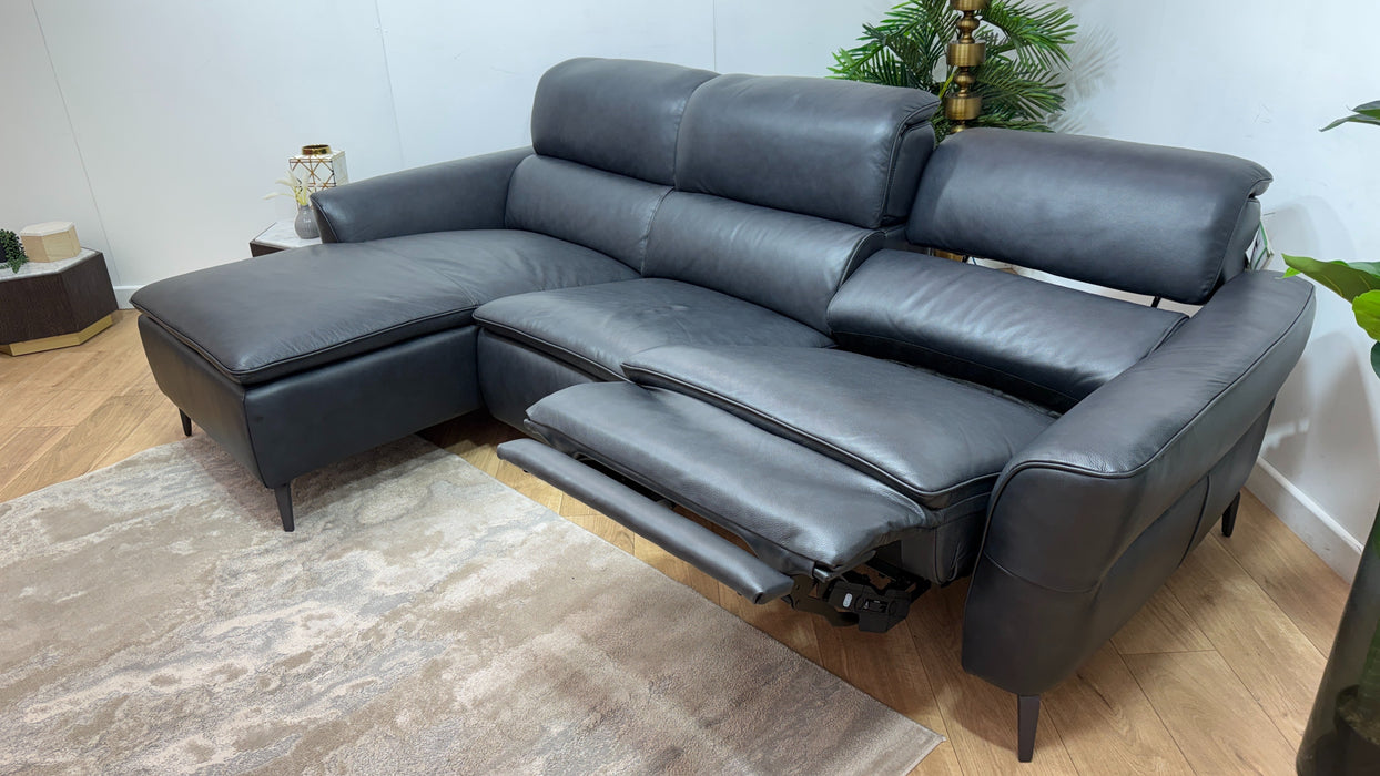 Sofology Viento Leather Chaise 3 Seater Power Recliner/Headrest Lumbar in Trusty Embossed Navy