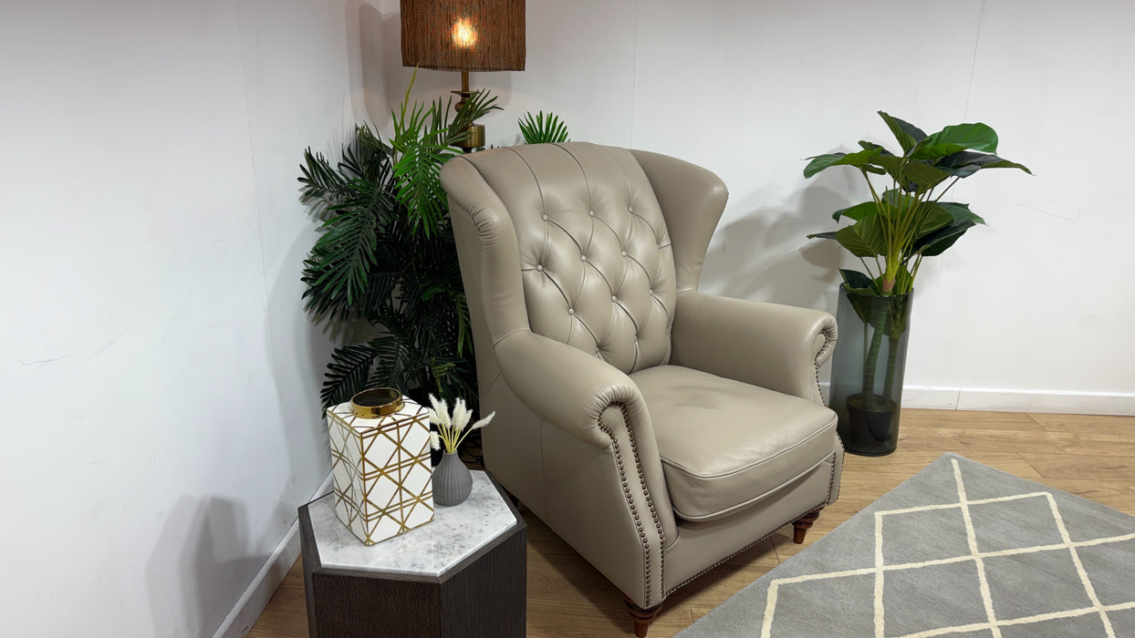 Sofology Darcy Leather Accent Wing Chair with Studs in Trusty Embossed Stone