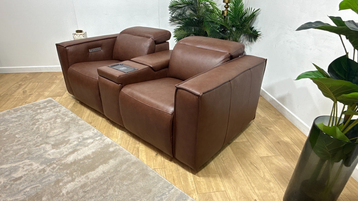 Sofology Horizon Leather 2 Seater Smart Console Power Recliner/Headrest in Trusty Embossed Chestnut
