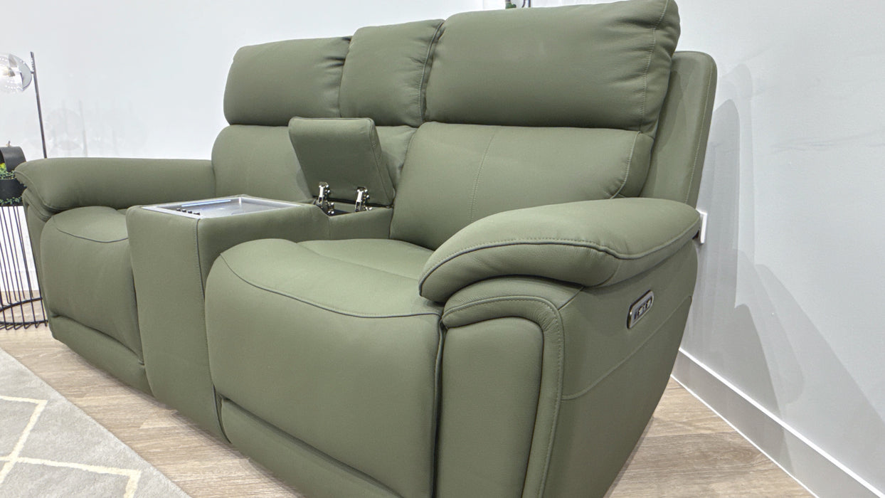 Sofology Atlanta Leather 2 Seater Console Power Recliner/Headrest in Trusty Soft Matt Dark Olive